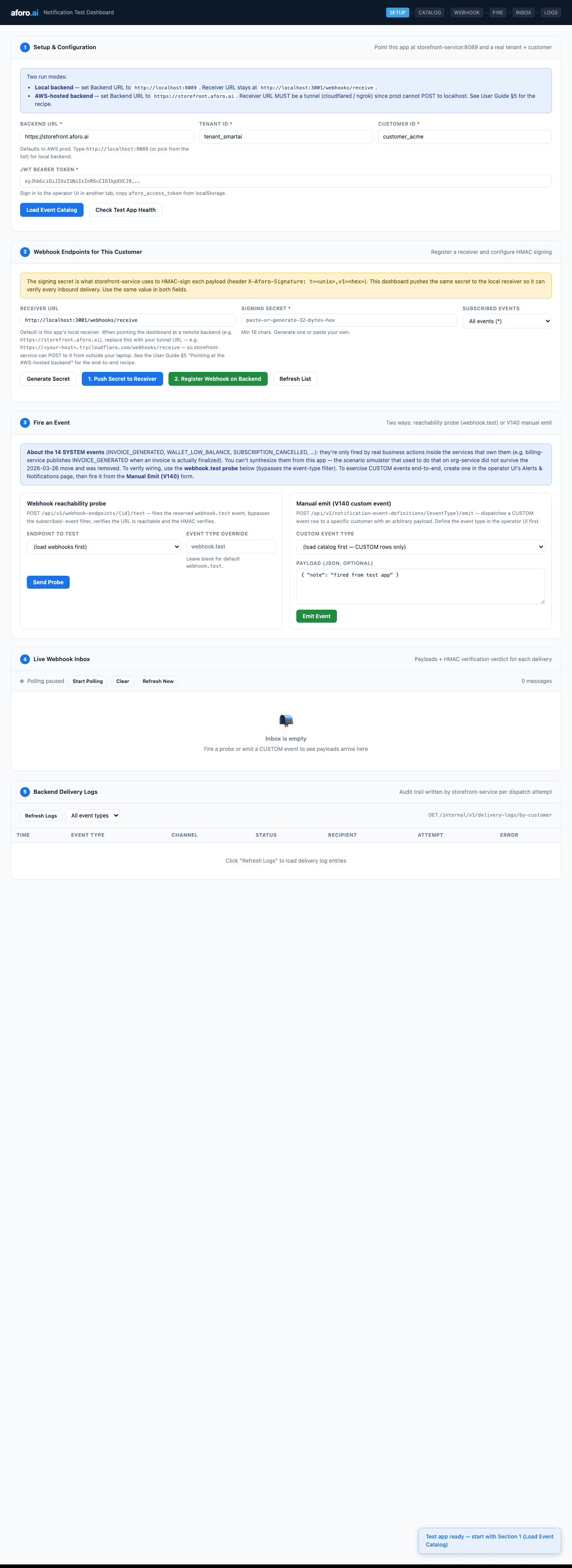 Notification test app dashboard — full layout