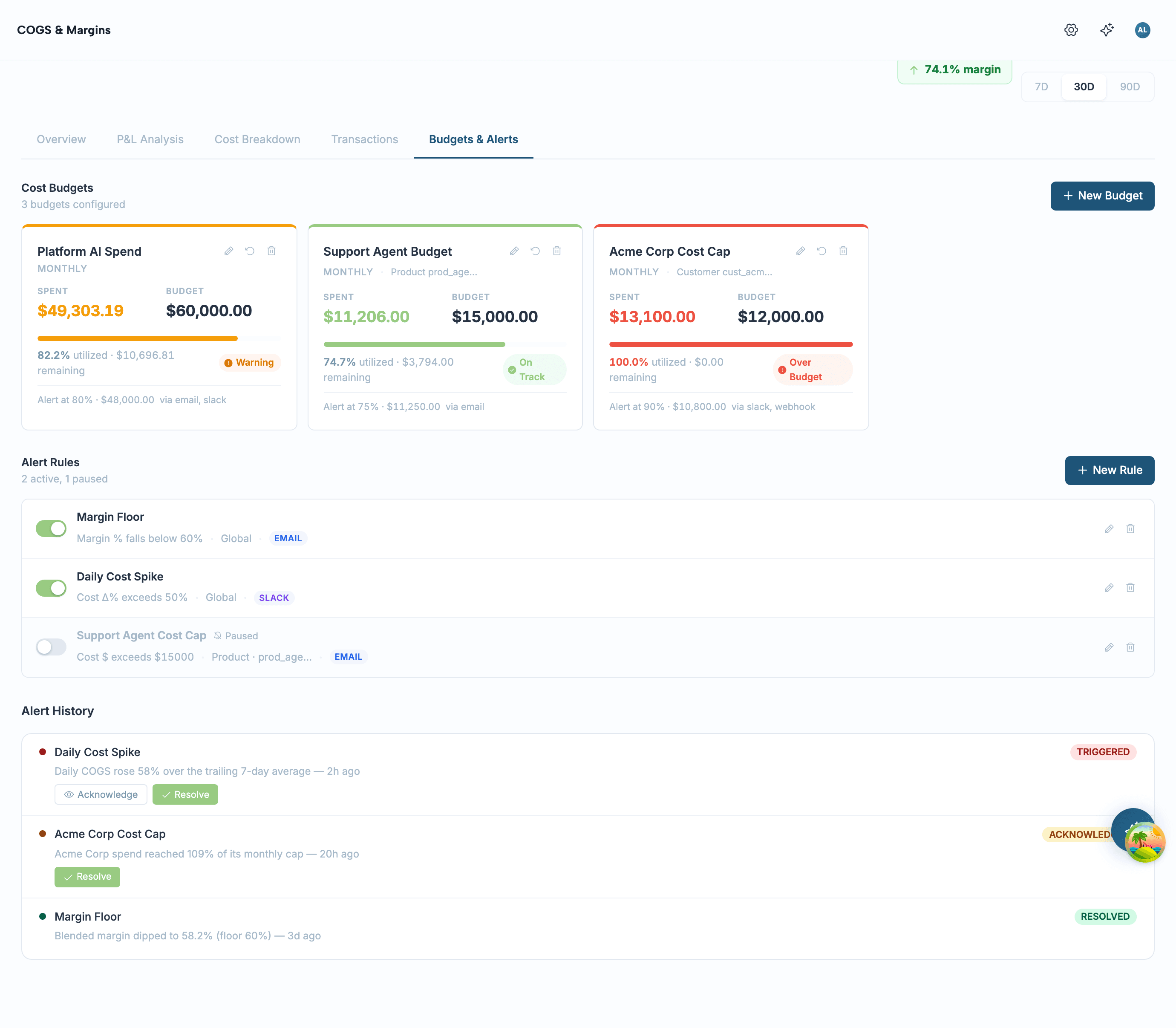 Budgets & Alerts tab — cost budget cards with utilization bars, alert rules with channel badges, and an alert history timeline